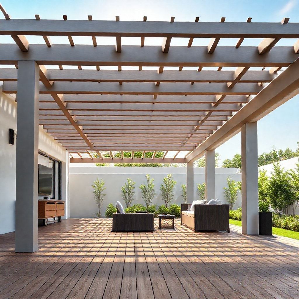 Modern outdoor living space with a sleek pergola and deck, offering a relaxing and cost-efficient retreat.