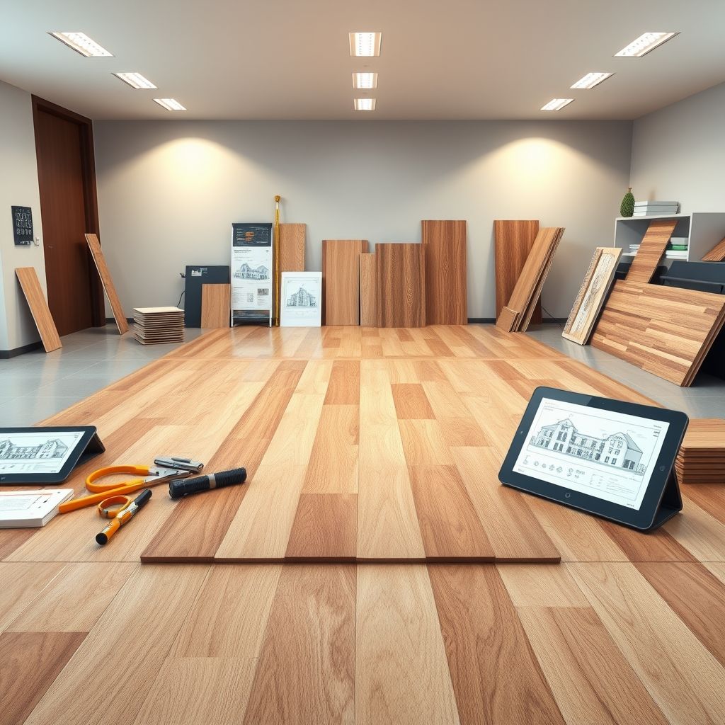 Freshly installed floors in an empty commercial space; a clean, modern aesthetic.