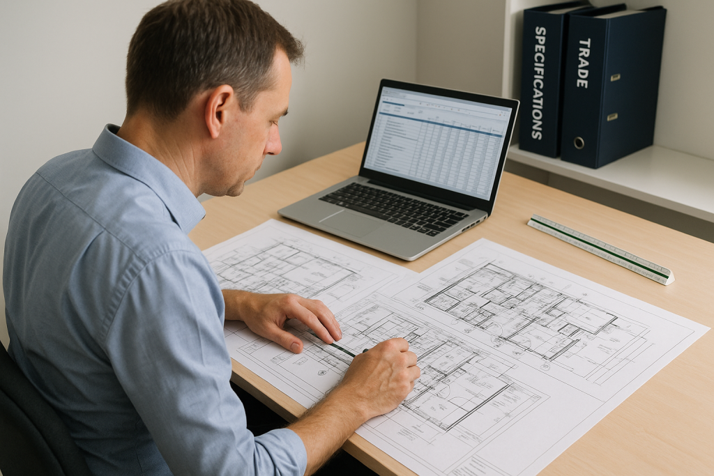 Building estimator reviewing Brisbane renovation plans and quantity takeoff documents at a professional estimating desk